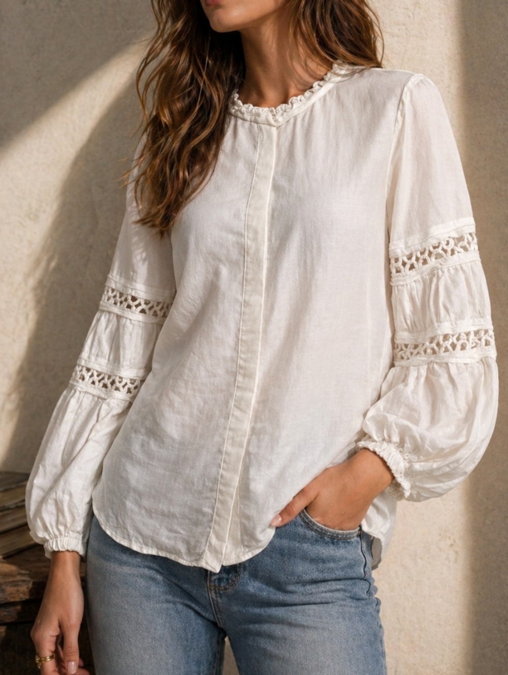 Kobi Halperin Silk Cotton Lace Sleeve Blouse Boho Romantic Top Ivory Size S